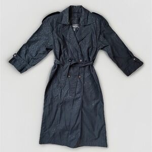 Portrait Long Black Nylon Trench Coat Womens 8 L Belted Waterproof Shoulder Pad